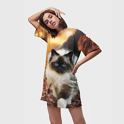 Футболка женская длинная Котик в листьях, цвет: 3D-принт — фото 2