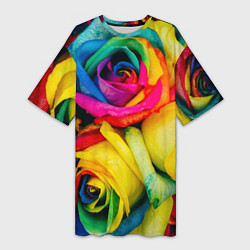 Футболка женская длинная Разноцветные розы, цвет: 3D-принт