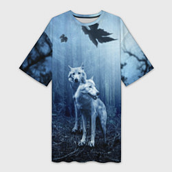 Женская длинная футболка Волки в тёмном лесу