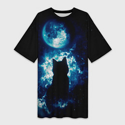 Женская длинная футболка Кот силуэт луна ночь звезды