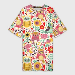 Женская длинная футболка Красочные совы и цветы