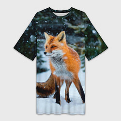 Женская длинная футболка Лиса в зимнем лесу