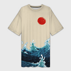Женская длинная футболка Японский Стиль Волны и Солнце