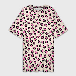 Футболка женская длинная Леопардовый принт розовый, цвет: 3D-принт