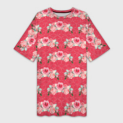 Женская длинная футболка Красные розы паттерн