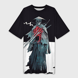 Женская длинная футболка Скелет Самурай с трубкой на черно белом фоне
