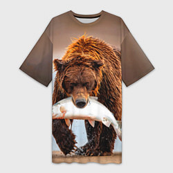 Женская длинная футболка Медведь с рыбой во рту