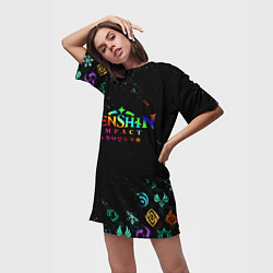 Футболка женская длинная GENSHIN IMPACT NEON LOGO RAINBOW STYLE, ЭМБЛЕМЫ, цвет: 3D-принт — фото 2