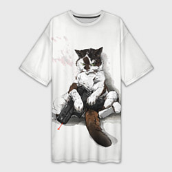 Женская длинная футболка Котик с пистолетом на стене мем