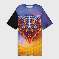 Женская длинная футболка Тигр в водно-огненной стихии