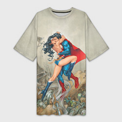 Женская длинная футболка The Kiss of Superman and Wonder Woman