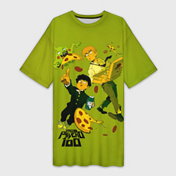 Женская длинная футболка Шигео, Ямочки и Рэйгэн налет на пиццу - Mob Psycho