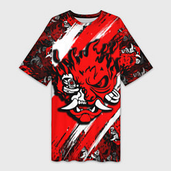 Женская длинная футболка SAMURAI CYBERPUNK 2077 RED AND WHITE