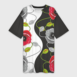 Женская длинная футболка Маки цветные и черно-белые