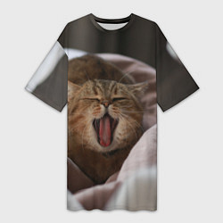 Женская длинная футболка Зевающий кот на кровати