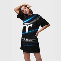 Футболка женская длинная Tesla - Неоновые полосы, цвет: 3D-принт — фото 2