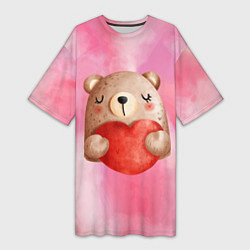 Женская длинная футболка Медвежонок с сердечком День влюбленных