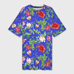 Женская длинная футболка Цветочки - синий фон - паттерн