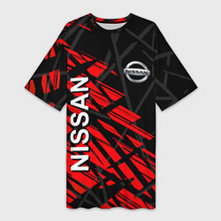 Женская длинная футболка Nissan Ниссан Красно черный