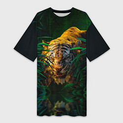 Женская длинная футболка Крадущийся тигр в джунглях