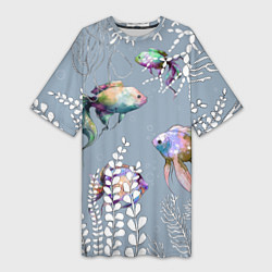 Женская длинная футболка Разноцветные акварельные рыбки и белые водоросли