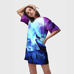 Футболка женская длинная Волк, луна, скала, цвет: 3D-принт — фото 2