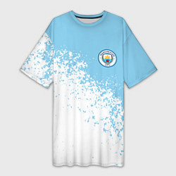 Футболка женская длинная Manchester city белые брызги на голубом фоне, цвет: 3D-принт