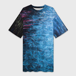 Женская длинная футболка Неоновые волны на воде - Синий