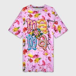 Женская длинная футболка Слово МАМА в цветочках