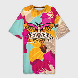 Женская длинная футболка Цветы, бабочка и морда тигра