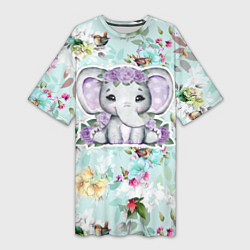 Женская длинная футболка Милая слониха в цветах
