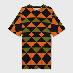Женская длинная футболка Геометрический узор черно-оранжевые фигуры