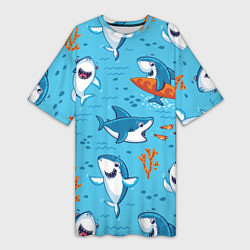 Женская длинная футболка Прикольные акулята - паттерн