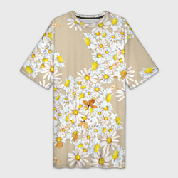 Женская длинная футболка Букет Нарисованных Цветущих Ромашек