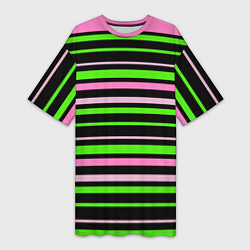 Женская длинная футболка Полосаты узор в зелено-розовых оттенках на черном