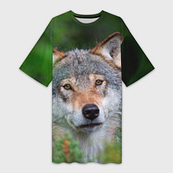 Футболка женская длинная Волк на фоне зелени, цвет: 3D-принт