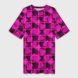 Футболка женская длинная Black and pink hearts pattern on checkered, цвет: 3D-принт