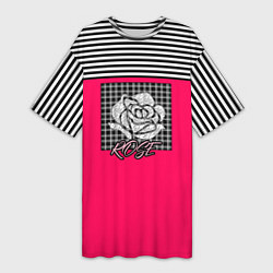 Женская длинная футболка Аппликация Роза на клетчатом фоне