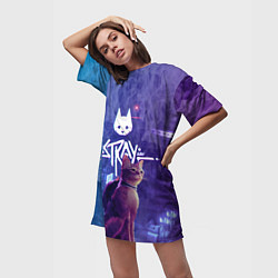 Футболка женская длинная Stray - kot - neon, цвет: 3D-принт — фото 2