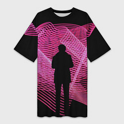 Футболка женская длинная Неоновые розовые волны и силуэт человека, цвет: 3D-принт