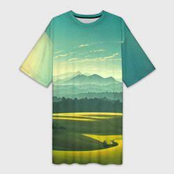 Женская длинная футболка Зелёная долина, пейзаж