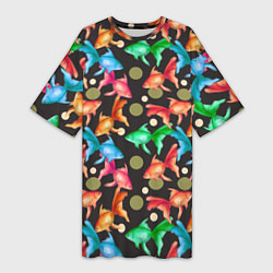 Футболка женская длинная Разноцветные рыбы паттерн, цвет: 3D-принт