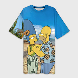 Женская длинная футболка Гомер Симпсон танцует с Мардж на пляже