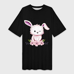 Женская длинная футболка Крольчонок С Цветами На Чёрном Фоне