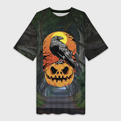 Женская длинная футболка Ворон, сидящий на тыкве - Halloween