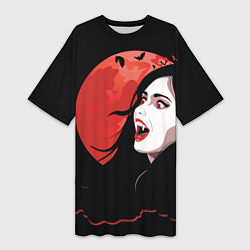 Женская длинная футболка Вампирша на фоне красной луны