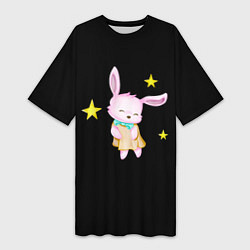 Женская длинная футболка Крольчонок танцует со звёздами на чёрном фоне