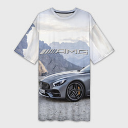 Женская длинная футболка Mercedes AMG V8 Biturbo cabriolet - mountains