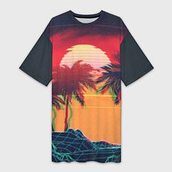 Женская длинная футболка Пальмы и пляж на закате с помехами VHS ретро дизай