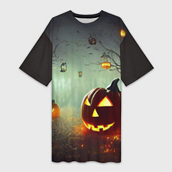 Женская длинная футболка Тыква на Хэллоуин в ночном туманном лесу